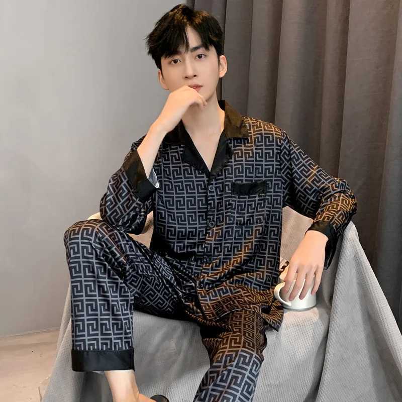 Mens Pajamas Spring Summer Thin Ice Silk Luxurious Loose Fitting Home Wear Suit Male Satin Pajamas Set Night Sleep-Suit Gentlemen W250717