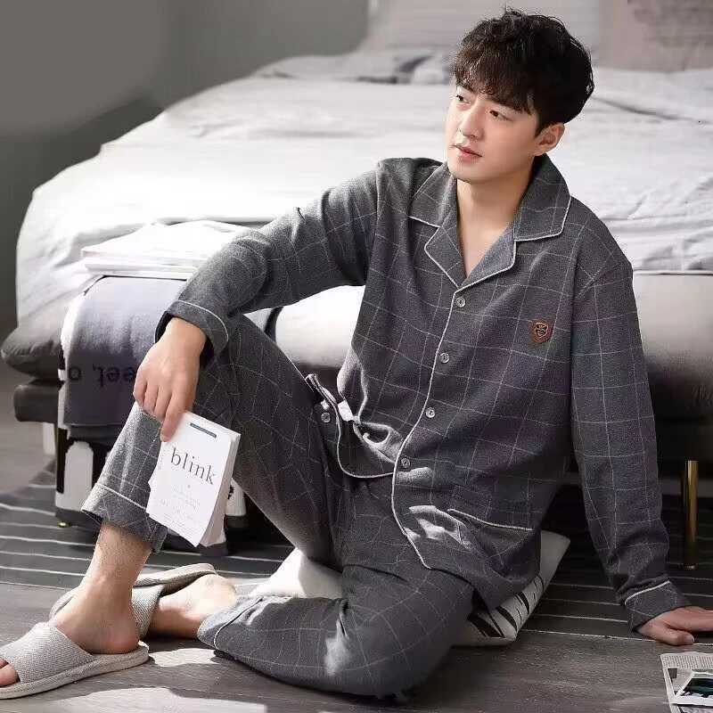 Cotton Men Pajamas Set of Autumn Winter Long-Sleeved Cardigan Plus Size Men Models of Home Clothing Plaid Sleepwear 2PCS/Set W250717