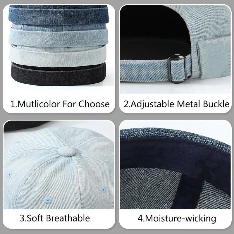 Hip Hop Blue Denim Washed Cotton Landlord Hat Docker Cap Rolled Edge Brimless Sailor Hat Solid Adjustable Beanie Hats Streetwear 250715