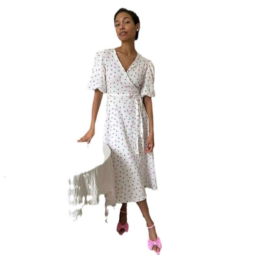 100% Cotton New Women's Puff V-Neck Tie Short Sleeve Printed Dress B5