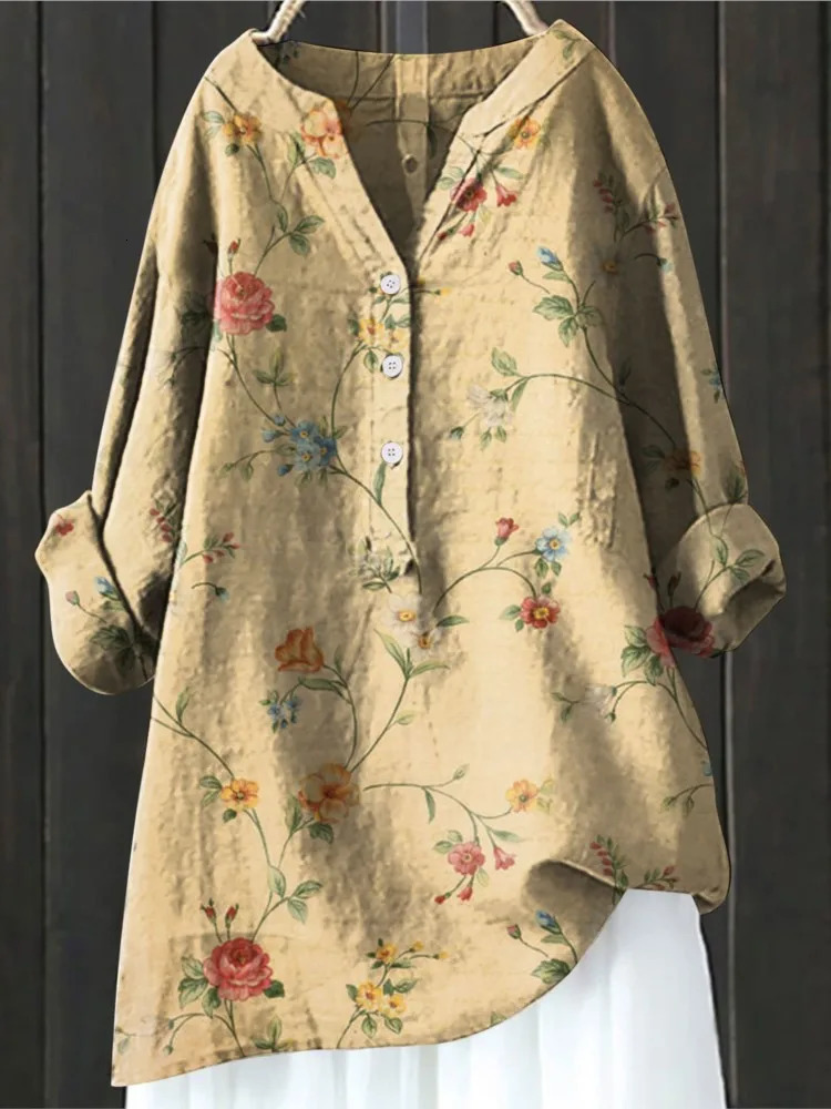 Womens Autumn Winter Fashion Printed Button Up Shirt Long Sleeved Bamboo Linen Casual Comfortable Top 250715