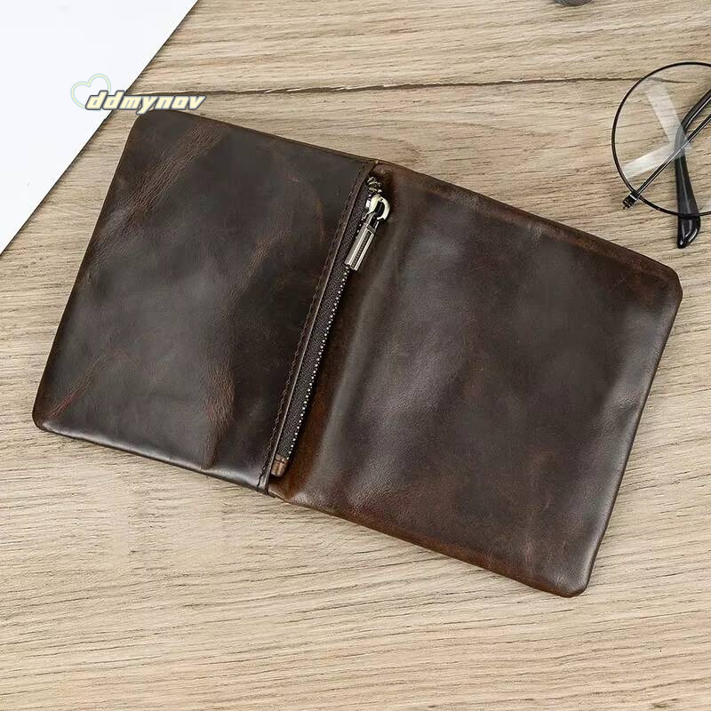 Newsbirds Card Bifold Coins Holder Short Purse Male Leather Mens Real Cowskin Zipper Wallet ddmynov