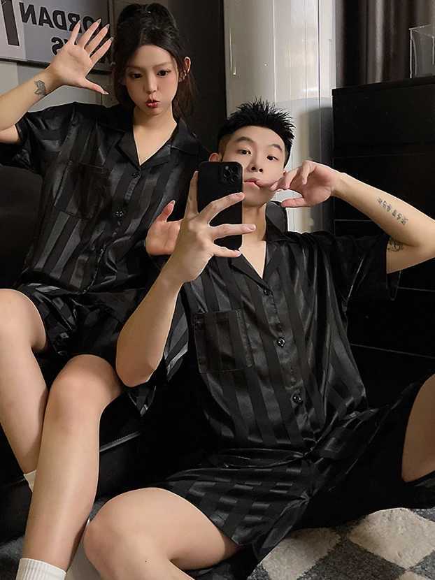 100% Ice Silk Couple Pajamas Set Mens Summer Thin Short-Sleeved Plus Size Sleepwear Womens Teen Striped Loungewear Suit W250717