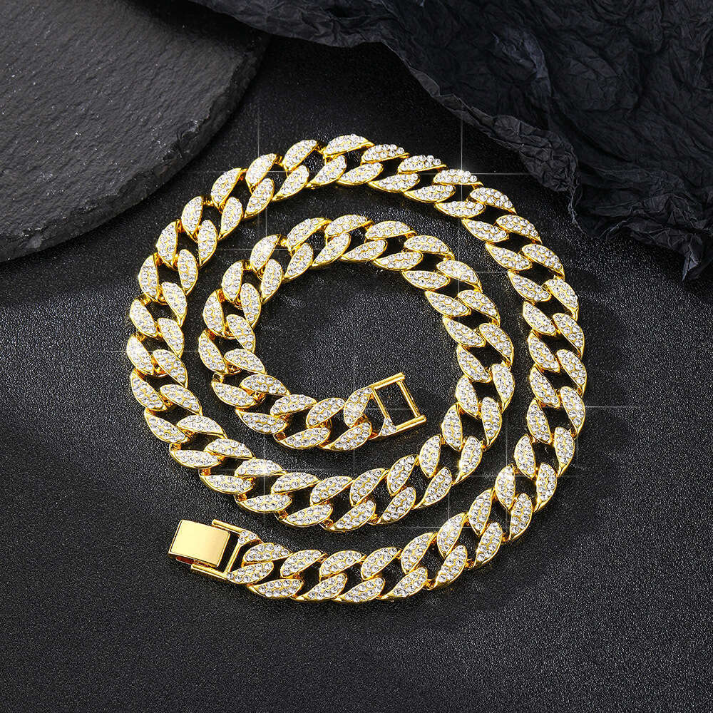 High-end Full Dia Hip-hop Exaggerated 15mm Alloy Inlaid Rhinestone Cuban Necklace