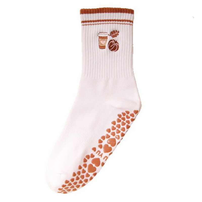 Pilates for Women, Mid-Calf Professional Sports Non-Slip Padded Socks, Coffee Striped Embroidered Long Yoga Socks
