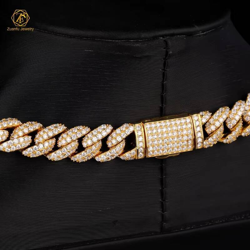 Sterling Silver 925 Gold Plated Miami Cuban Link Iced Out Lab Diamond Moissanite Iced Out Cuban Chain Necklace Hip Hop Jewelry