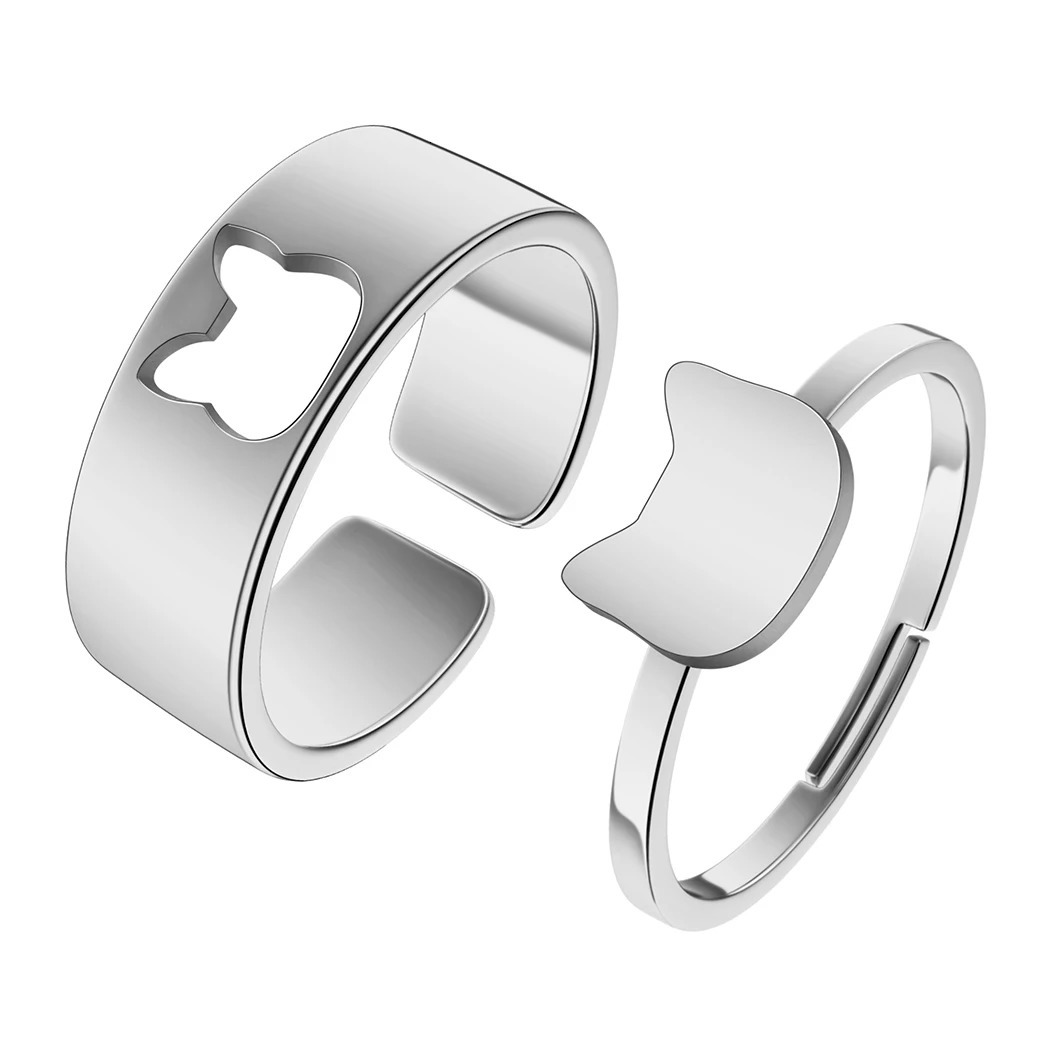 2 Pcs Cat Ring Set For Couples Matching Rings Him Her Cute Kitty Anniversary Dainty Stacking Couple Gift 250704
