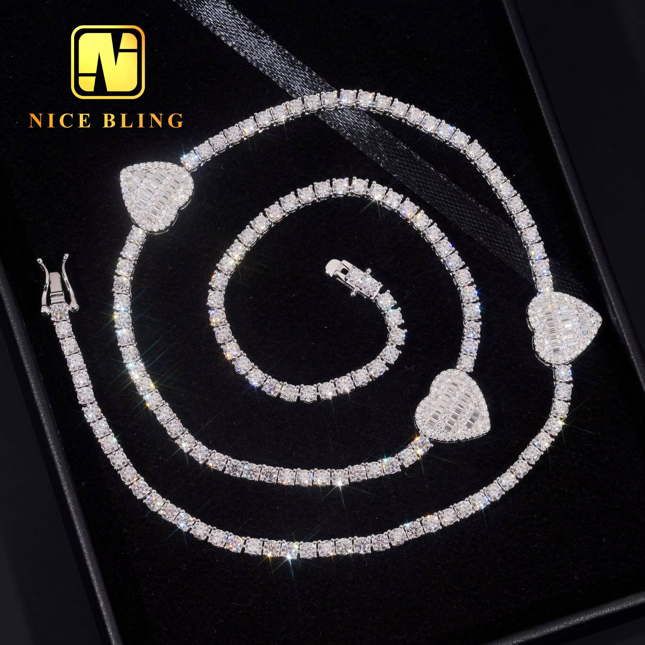 GRA Certificate Elegant Women Gift Jewelry 3mm 925 Sterling Silver Iced Out VVS1 Moissanite Diamond Heart Cluster Tennis Chain