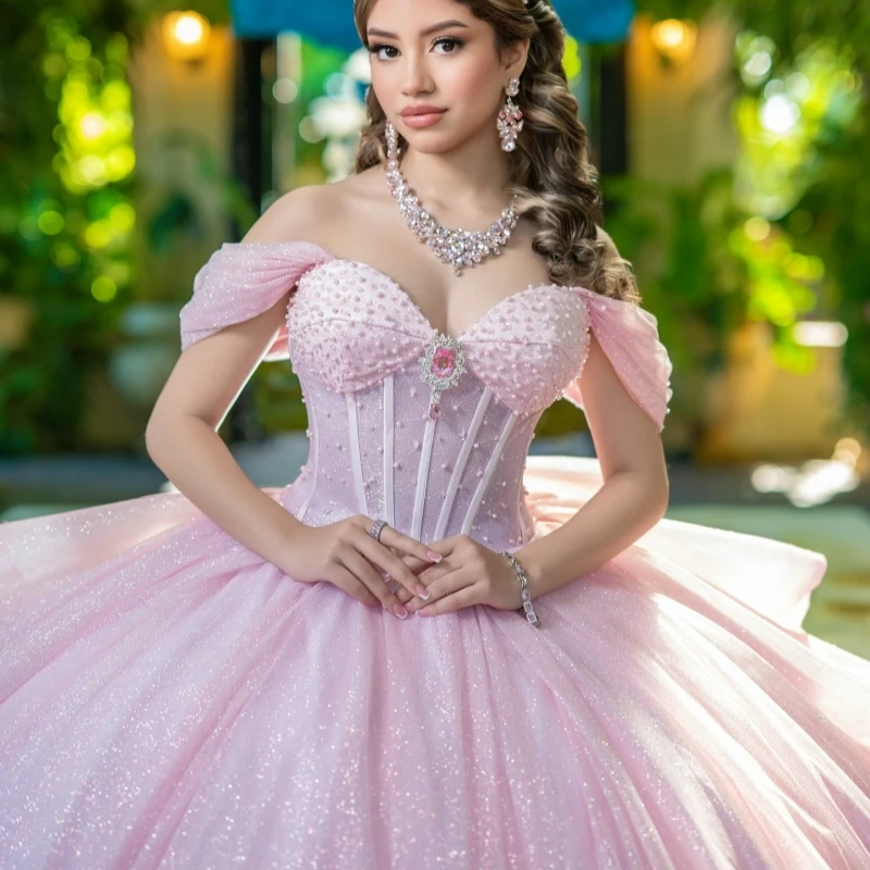 Pink Shiny Quinceanera Dresses Ball Gown Off The Shoulder Beads Bow Tull Party Birthday Sweet 16 Dress Vestidos 15 De Anos