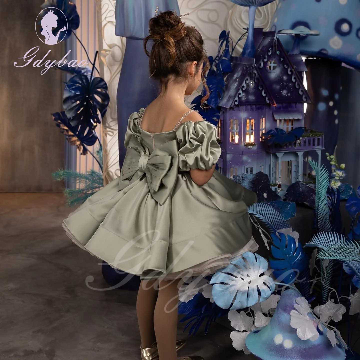 Purple Beaded Flower Girl Dress For Wedding Satin Knee Length Puffy With Bow Kids Birthday Baby First Communion Ball Gowns Z250716