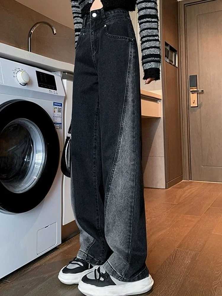 Woman High Waist Jeans Lady American High Street Patchwork Straight Leg Pants Girls Black Gray Contrast Color Wide Leg Trousers R250716