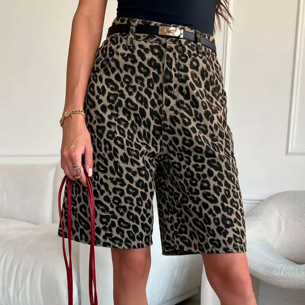 Summer New Leopard Print Cotton Shorts Loose Casual Straight Pants B5