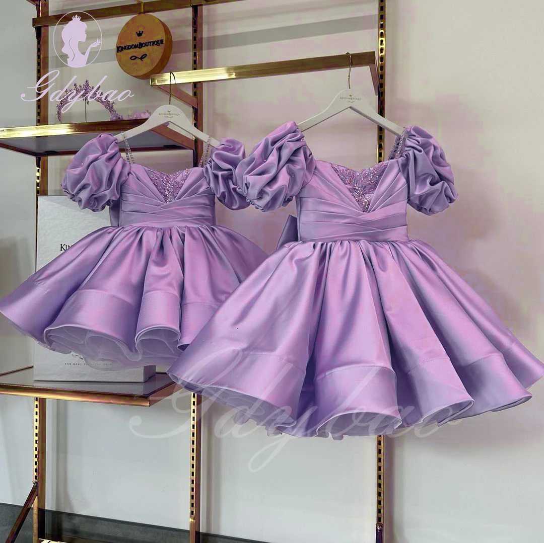 Purple Beaded Flower Girl Dress For Wedding Satin Knee Length Puffy With Bow Kids Birthday Baby First Communion Ball Gowns Z250716