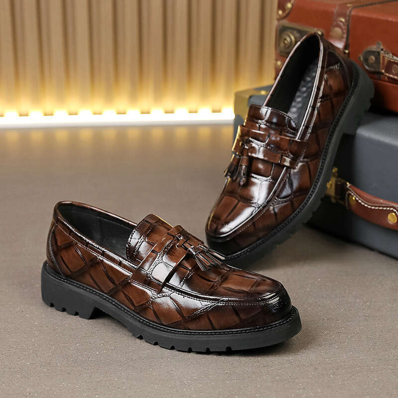 Tassel Thick-Soled for Men, British Style Trendy Business Formal Height-Increasing Hairstylist Men's Shoes, Big Round Toe Casual Leather Shoes
