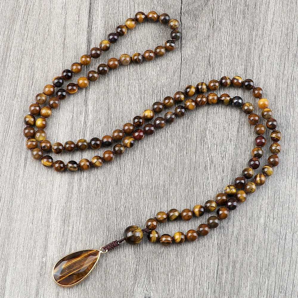 Vintage Design Tiger Eye Stone Necklace Handmade Knotted 6mm 108 Mala Beads Necklaces Drop Pendant Women Men Yoga Jewelry Gifts XJ250717