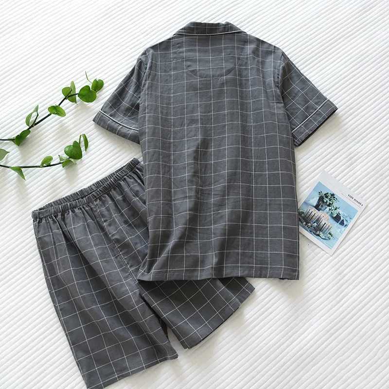 Summer New Mens Pajamas Two-Piece 100% Cotton Gauze Short-Sleeved Shorts Simple Plaid Loose Casual Breathable Home Service Suit W250717
