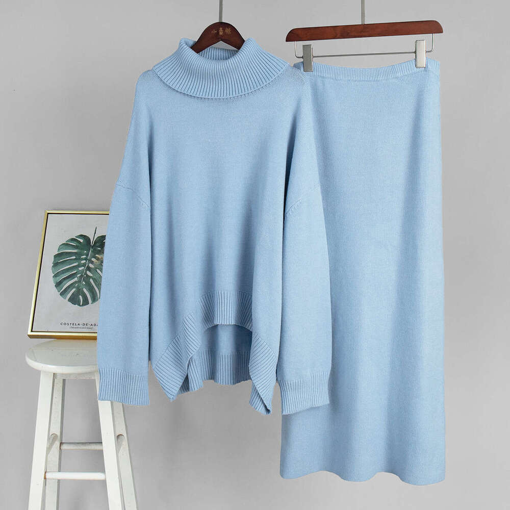 Turtleneck And Skirt Autumn Winter Loose Knitted Two-Piece Sweater Set For Women B5