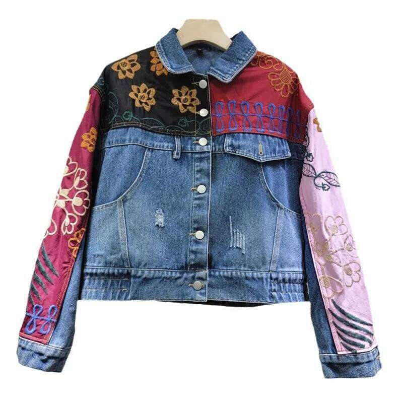 YEAE Retro Contrasting Color Splicing Irregular Long-Sleeved Denim Jacket 2025 Spring New Loose Top