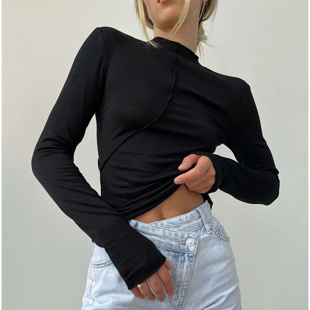 Half Turtleneck Base Shirt Spring Summer Fashion Asymmetric Design Slim Fit Long Sleeve Pullover T-Shirt B5