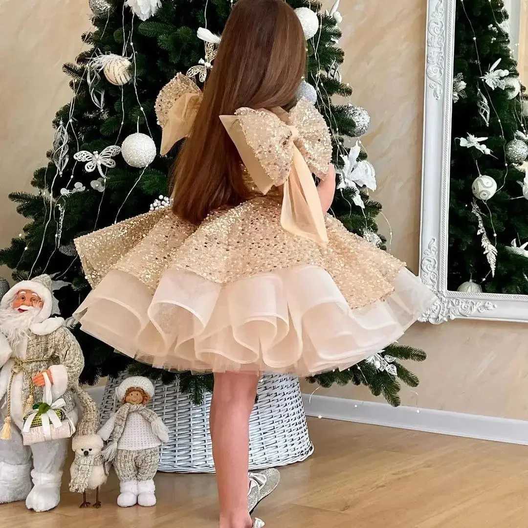 Champagne Flower Girl Dress For Wedding Glitter Shining With Bow Cute Baby Pageant Dress Princess First Communion Ball Gowns Z250716