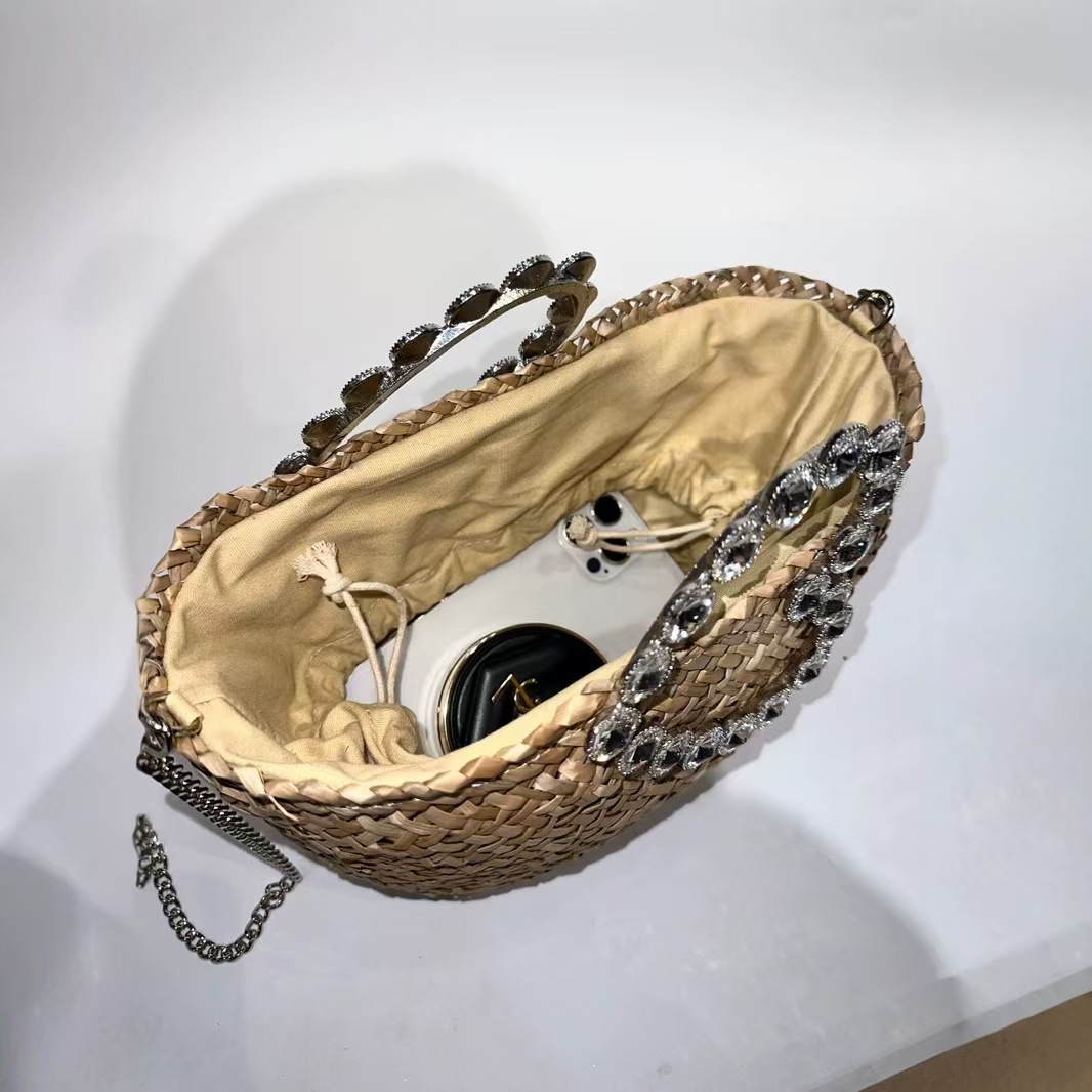 Straw Woven Handmade Bucket Crystal Dia Metal Handheld Women Handbag Lady Purse Shoulder Crossbody Holiday Beach Bag