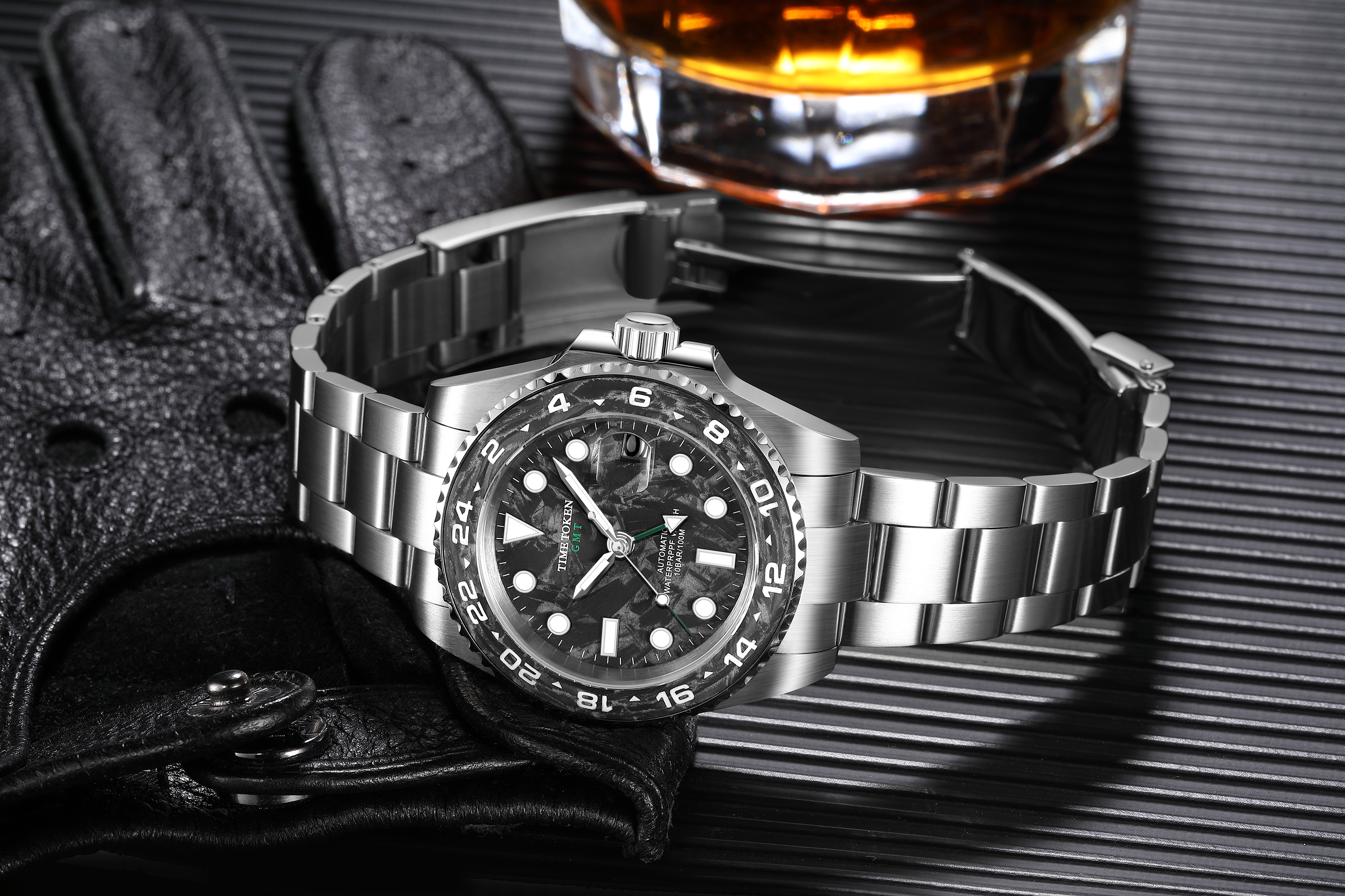 TIME TOKEN 2025 40mm Mens Carbon Fiber Automatic Watch Luxury Divers 100m Water Resistant T454BGS
