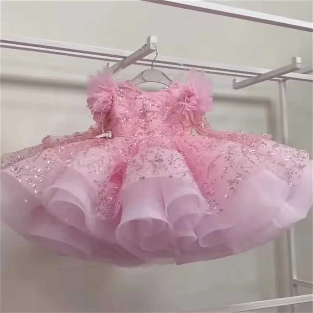 Feather Flower Girl Dresses for Wedding With Bow Pearls Appliques Knee Length Kids Birthday Dresses First Communion Gowns Z250716