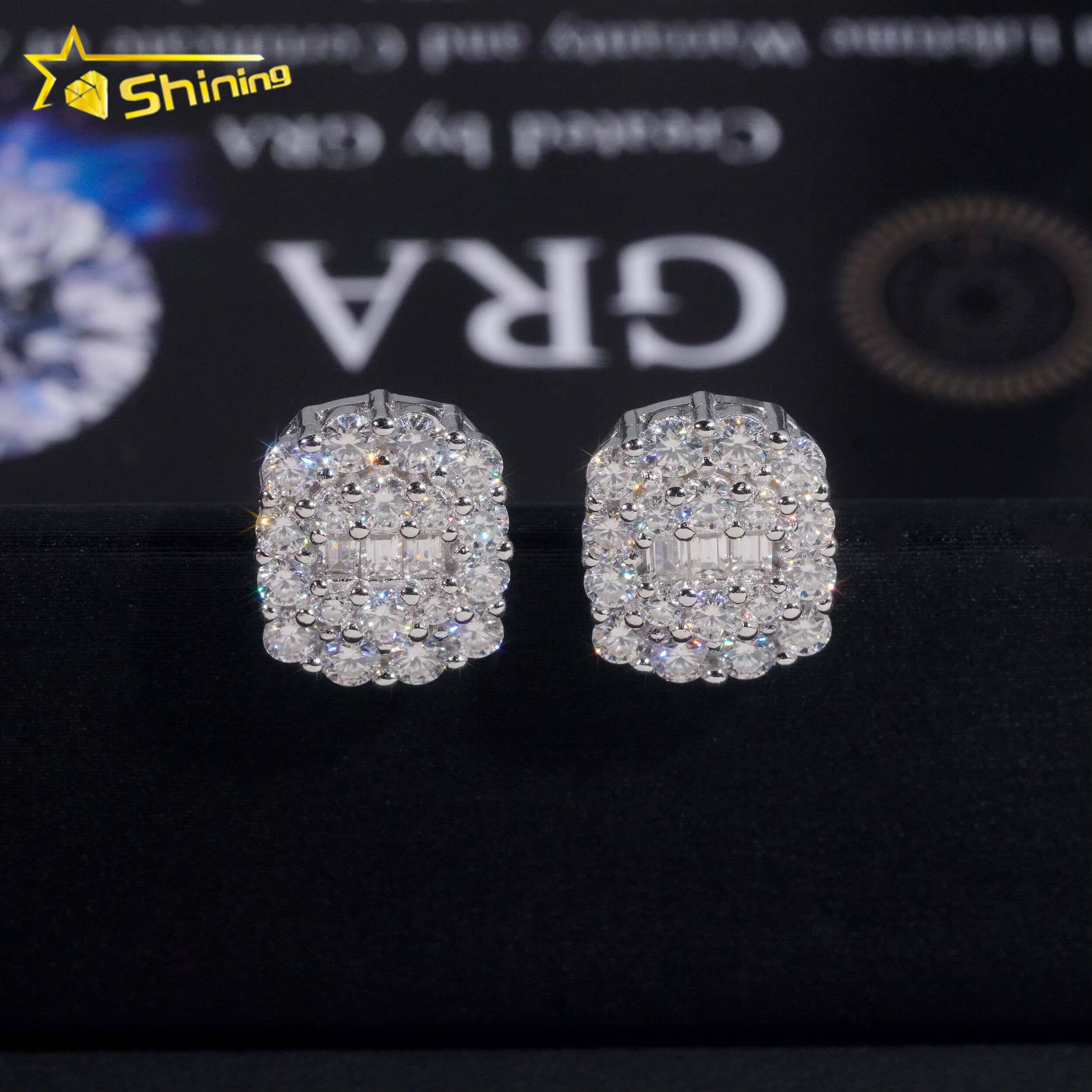 Promotion Price Pass Diamond Tester GRA Certified Fully Iced Out Hip Hop 925 Silver Jewelry Baguette Moissanite Stud Earrings