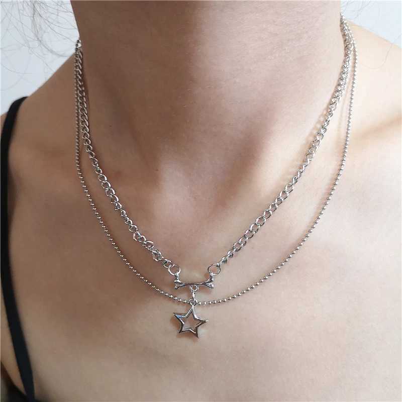 Kpop Goth Vintage Cool Y2K Star Pendant Beaded Silver Color Chain Necklace For Women Men Aesthetic Grunge Emo Jewelry Accessory XJ250717