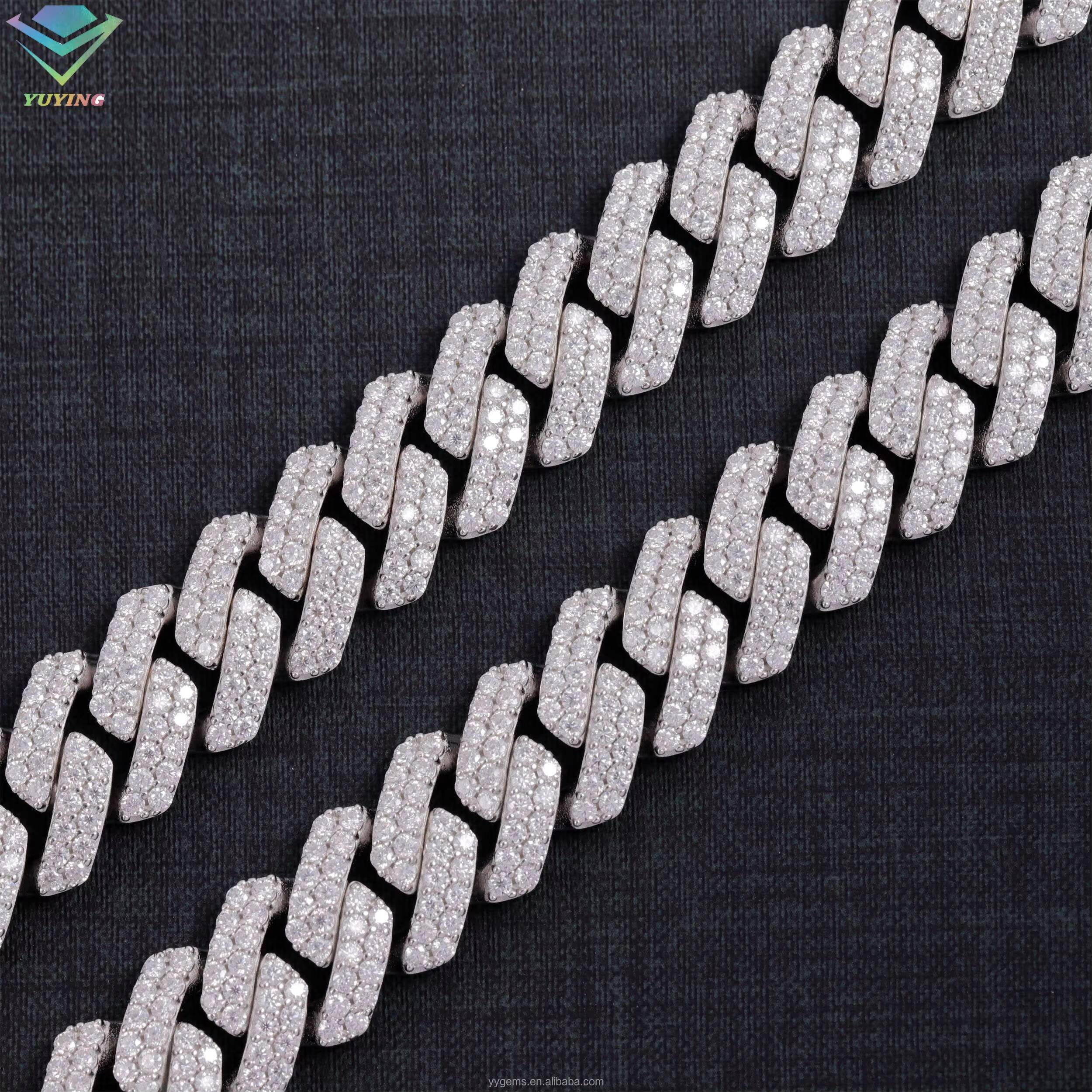 Hot Sale VVS Mossanite Cuban Chain Jewelry 2rows 15mm Wide 925 Solid Silver Iced Out Diamond Cuban Link Chain Hip Hop Necklace
