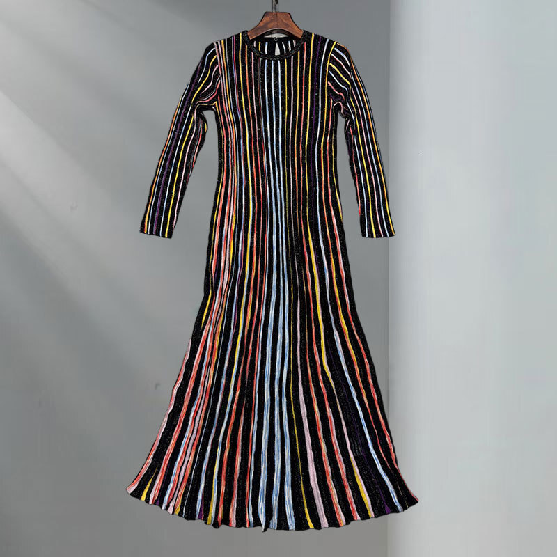 Women's Striped Long Sleeve Knit Dress Summer New Arrival High-End Fashion Y2K Round Neck Sequin Maxi Dress for Party Vacation S0736