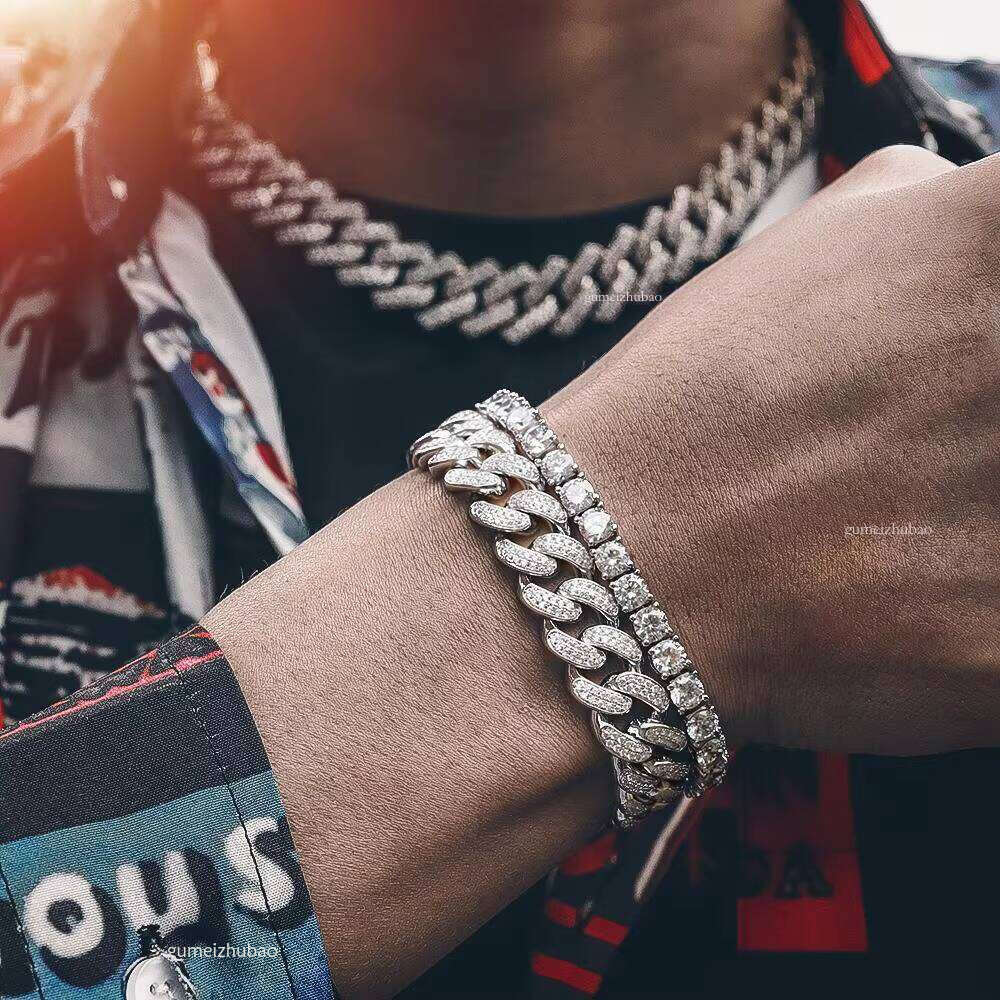 Top jewelry necklace with 2 rows of dias6mm 8mm 10mm 12mm Platinum Sterling Sier VVS Diatomite Cuban Chain Unisex GRA Jewelry Bracelet Necklace