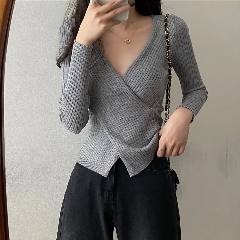 Autumn Winter Knitwear Tops Fashion Female Long Sleeve Skinny Elastic Casual Vneck Knitted Shirt Pullover Sweaters 250707