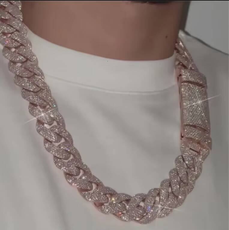 Thick Cuban Link Chain VVS Diamond 925 Silver Pink Rose Gold Plated Iced Out Miami Moissanite Cuban Chain