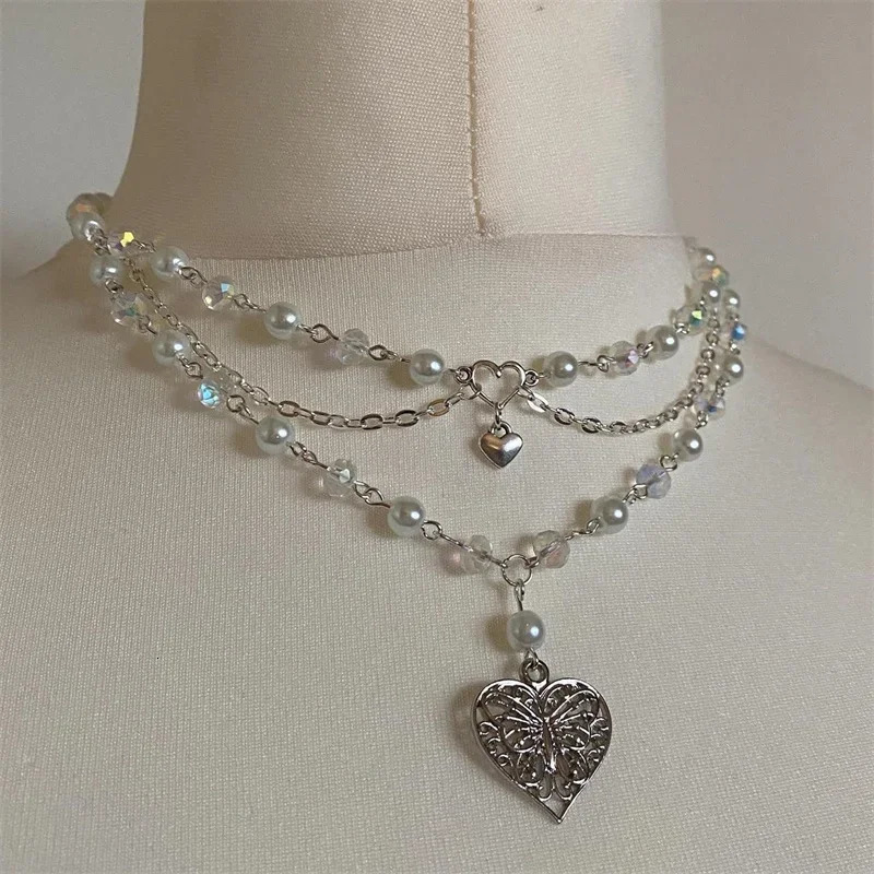 Pearls Butterfly Heart Fairycore Choker Necklace Y2K Pixie Fairycore Cottagecore Rosary Necklace 250715