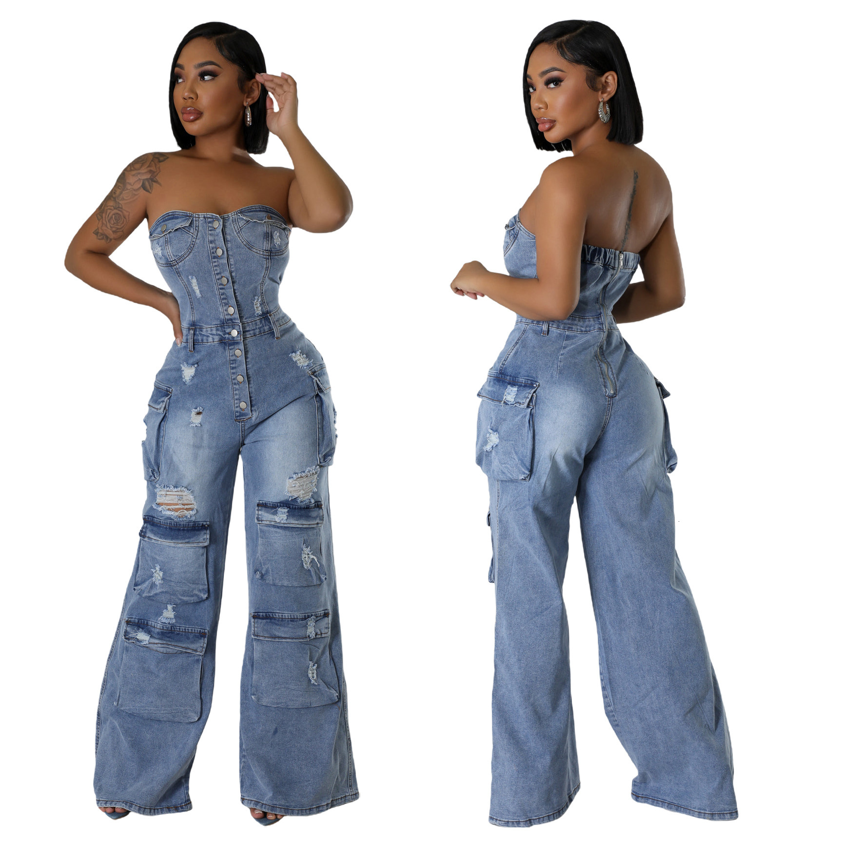 6028 new casual and fashionable strapless womens slim fit denim jumpsuit work pants