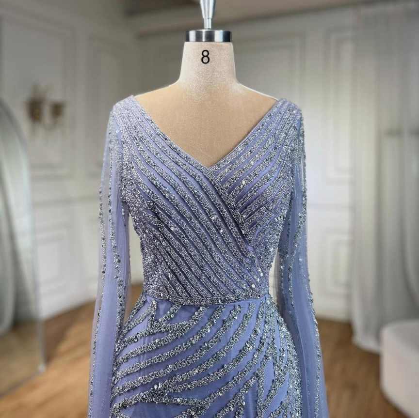 Elegant Mermaid Evening Dress V Neck Long Sleeve Beaded Sequins Prom Gowns With Tulle Floor Length Formal Dresses Customized