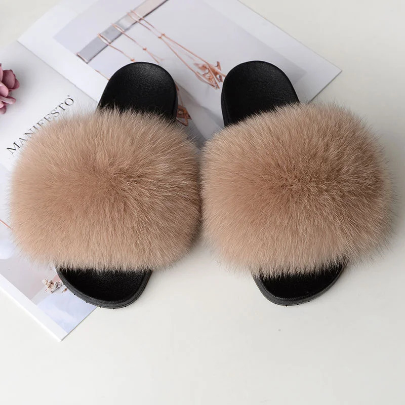 Fur Slippers Summer Women Real Fox Fur Slides Home Furry Flat Sandals Non-Slip Fluffy Flip Flops Ladies Woman Cute Plush Shoes 250716