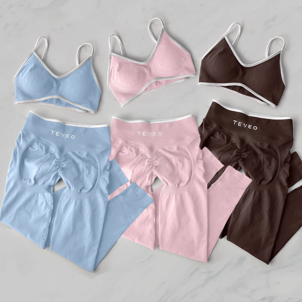 TEVEO 2 Pieces Gym Set Woman leggings set Workout Clothes Bra set Seamless Scrunch legging Yoga Set 250716