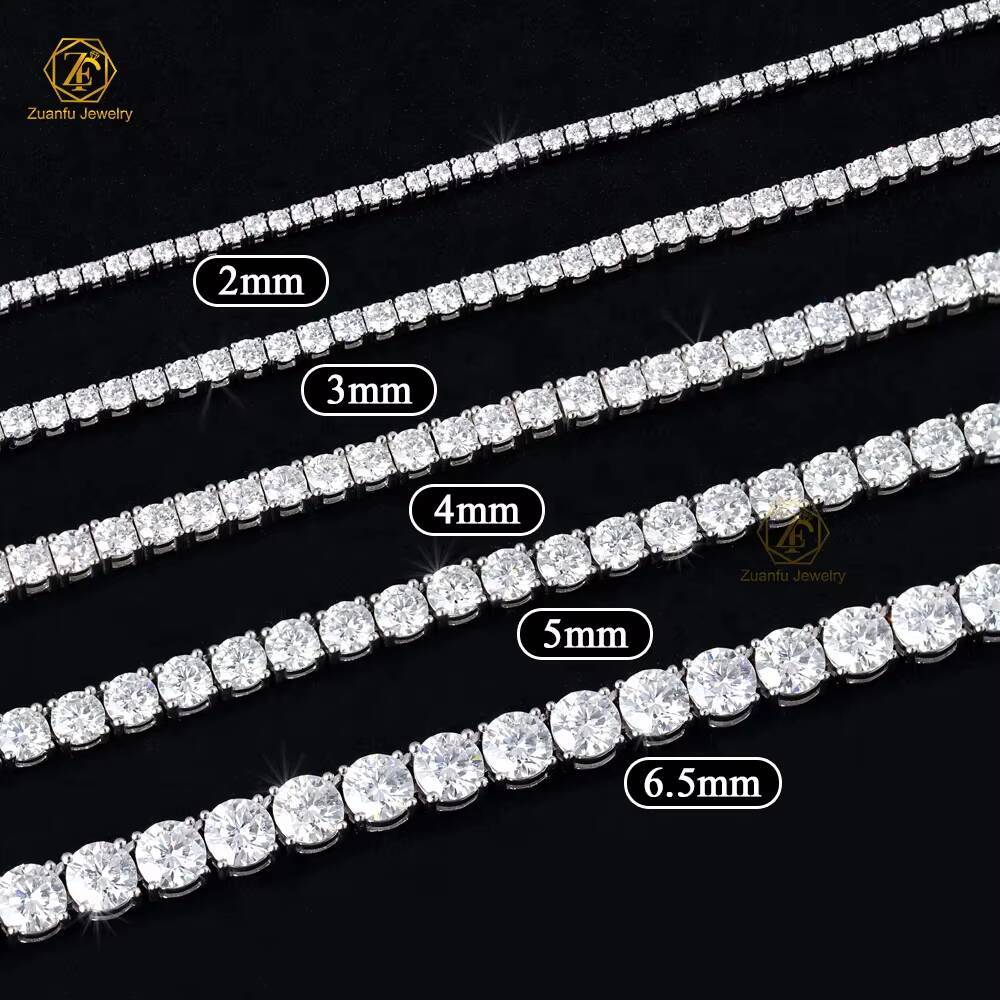 Tennis Necklace Bracelet Rhodium Plated 18K Gold 2mm 3mm 4mm 5mm 6.5mm Round 925 Sterling Silver VVS Moissanite Tennis Chain