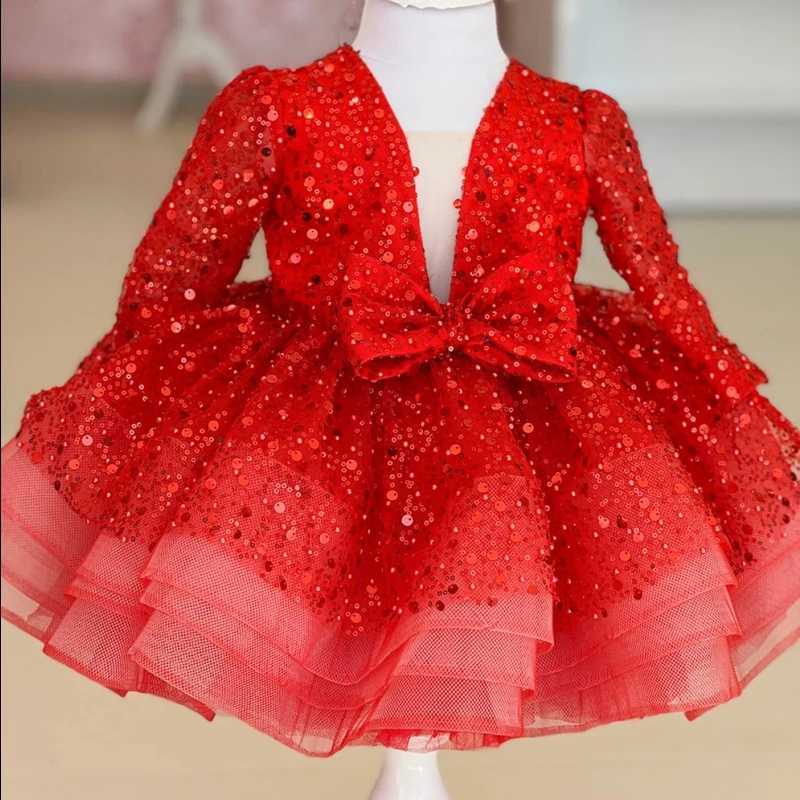 Customized Flower Girl Dresses Cute Pink Glitter Sequined Shiny Puffy Organza With Bow Fit Wedding Party Princess Ball Gowns Z250716