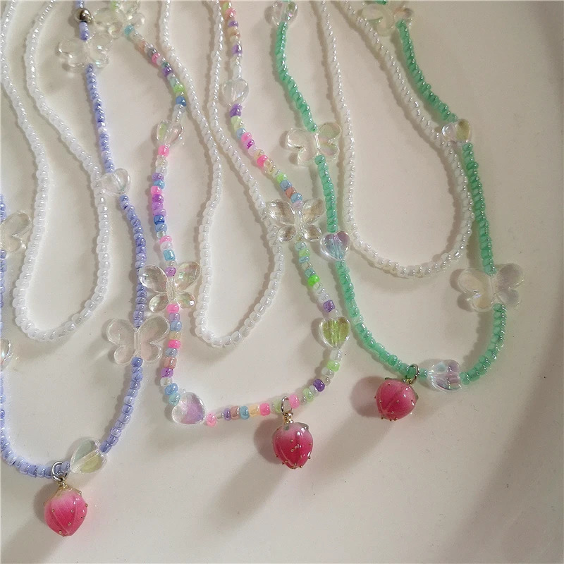 Summer Y2K Strawberry Pendant Necklace Set Choker for Women Children Jewelry Pearl Neck Clavicle Chain Accessories 250715