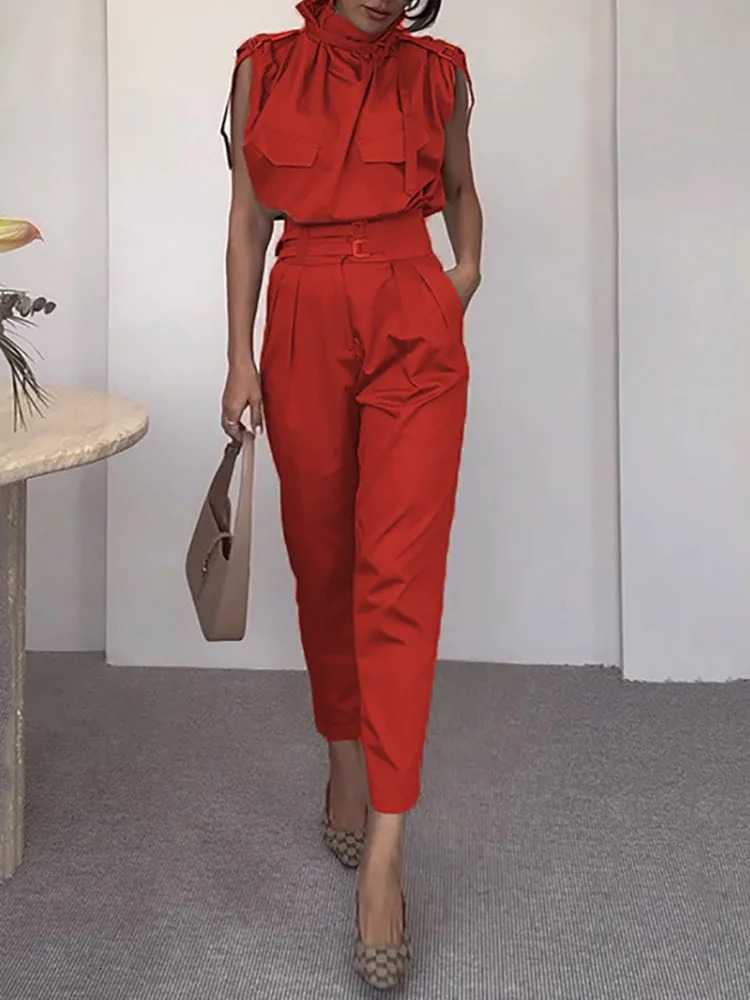 Summer Women Turtleneck Patchwork Outfit Pullover Top Cargo Pants Chic Matching Sets Pocket Fashion Simple Ladies Suits 250714