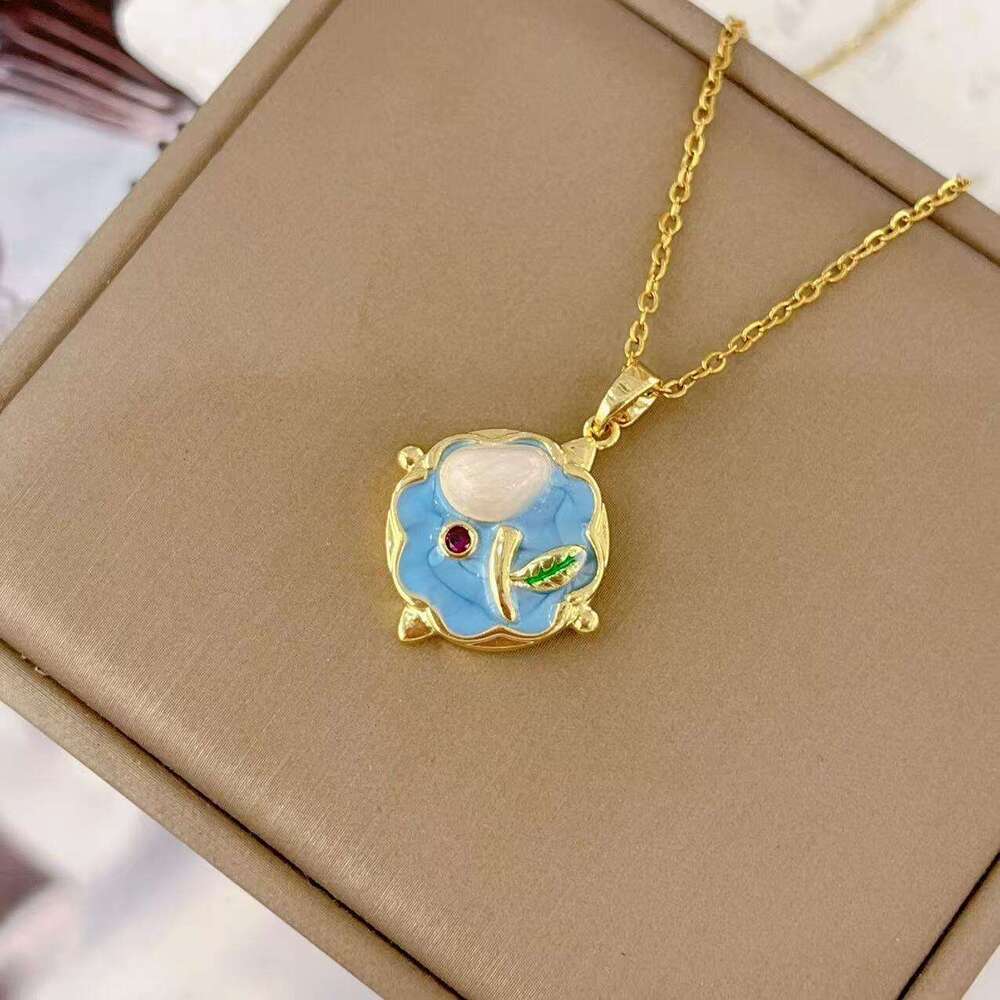 Copper Gold-Plated New Chinese Style Imitation Pearl Oil Painting Flower Necklace French High-End Clavicle Chain Jewelry Accessories B47