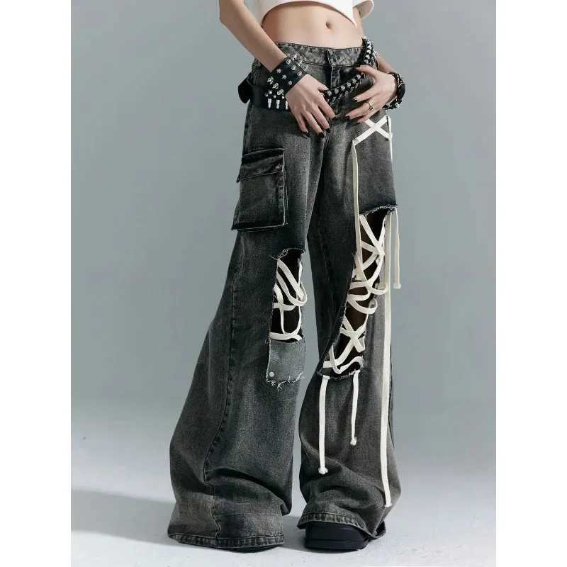 Summer High Street American Hottie Strap Pocket Ripped Cargo Baggy Jeans High Waist Punk Retro Wide Leg Pant Y2K Jeans Streetwear R250716