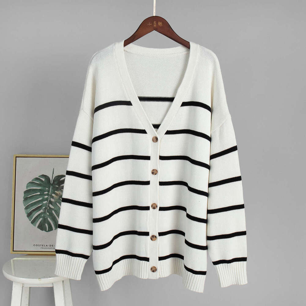 Knitted Autumn Winter New V-Neck Cardigan Pure Cotton Striped Sweater Women B5