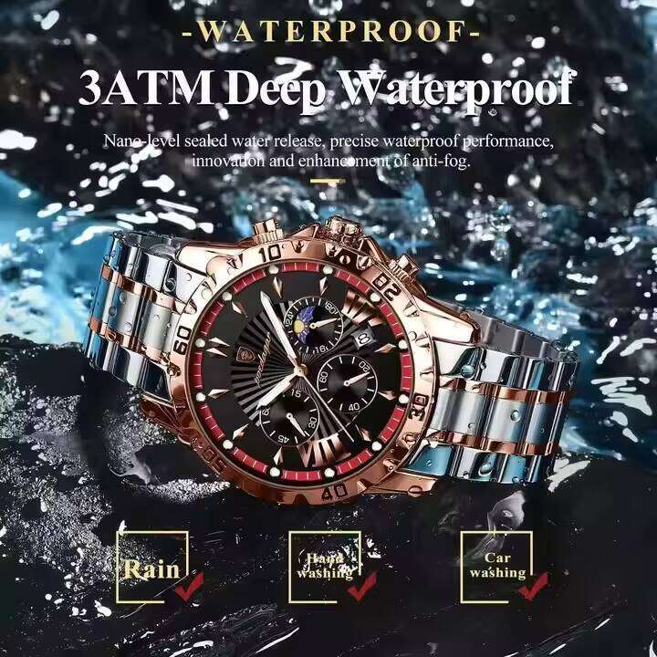 DHwatches Men's Sports Chronograph Watch - 30M Waterproof Stainless Steel Quartz Wristwatch with Moon Phase & Date (Model 968)