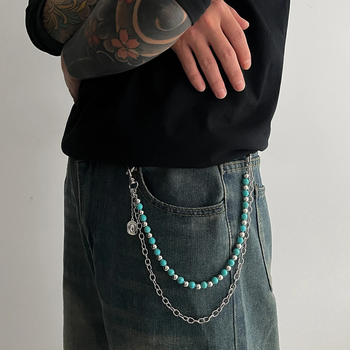 Ingemark Y2K Trendy Blue Stone Bead Jeans Pants Chain For Men Women Hip Hop Punk Double Layer Keychains Bag Accesories Jewelry 250717