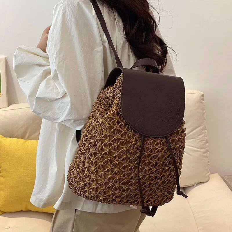 Vintage Women's Fashion Shoulder Bag Versatile Straw Woven PU Leather Elegant Designer Backpack