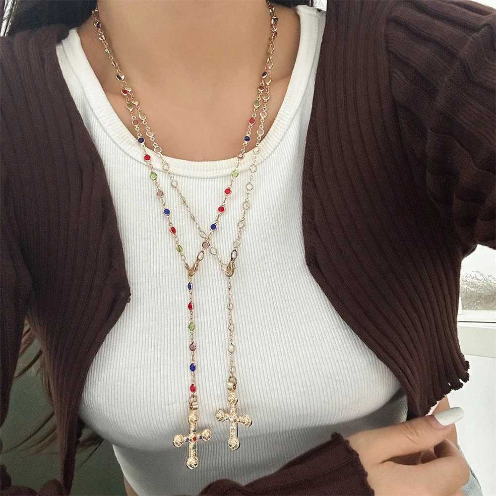 Unique Cross Pendant Necklace for Women Simple Crystal Necklace Sweater Chain Long Y-shaped Necklace Y2K Party Jewelry 2024 XJ250717